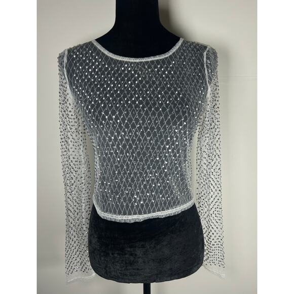 Y2K Top chic long sleeve sheer mesh studs white cropped top New preppy Barbie M - Picture 1 of 10
